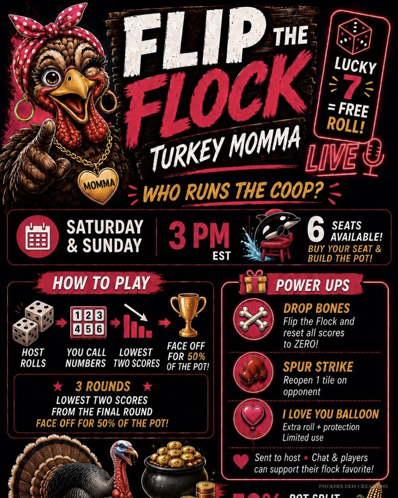 Flip the Flock stream event flyer: an illustrated turkey mascot with game rules, power-ups and pot split details on a dark red and black layout
